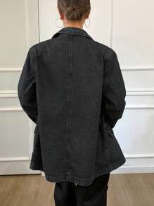 Livesso 女士翻领长袖单排扣休闲牛仔夹克 - 黑色 - 查看 5