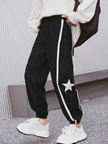 SHEIN Older Boys' Color Block Splice Fashionable Outdoor Sports Print Drawstring Pants, Spring & Summer - Black - View 3