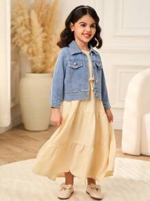 SHEIN 2pcs/Set Young Girl Denim Jacket & Apricot Sleeveless Dress, Casual Fashion Transitional Outfit, Suitable For Spring, Summer, Autumn - Multicolor - View 7