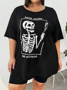 SHEIN CURVE+ Plus Size Skull & Letter Printed T-Shirt