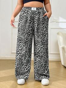 SHEIN EZwear 大码女式豹纹休闲裤，简约时尚，适合日常穿着 - 黑與白 - 查看 3