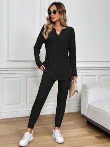 SHEIN LUNE 2pcs/Set Women Plush Rib-Knit Long Sleeve T-Shirt And Leggings Suit, Autumn/Winter - Black - View 6