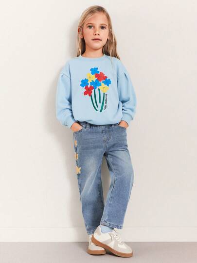 SHEIN Young Girls Star Print Loose Elastic Waist Blue Denim Straight Jeans