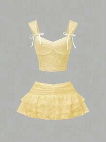 Sweetra 女式蕾丝吊带背心，胸部带褶边和蝴蝶结装饰，低腰褶皱荷叶边蕾丝边褶皱裙 + 上衣 2 件套 Y2K 服装青少年裙装夏季 2 件套两件套青少年