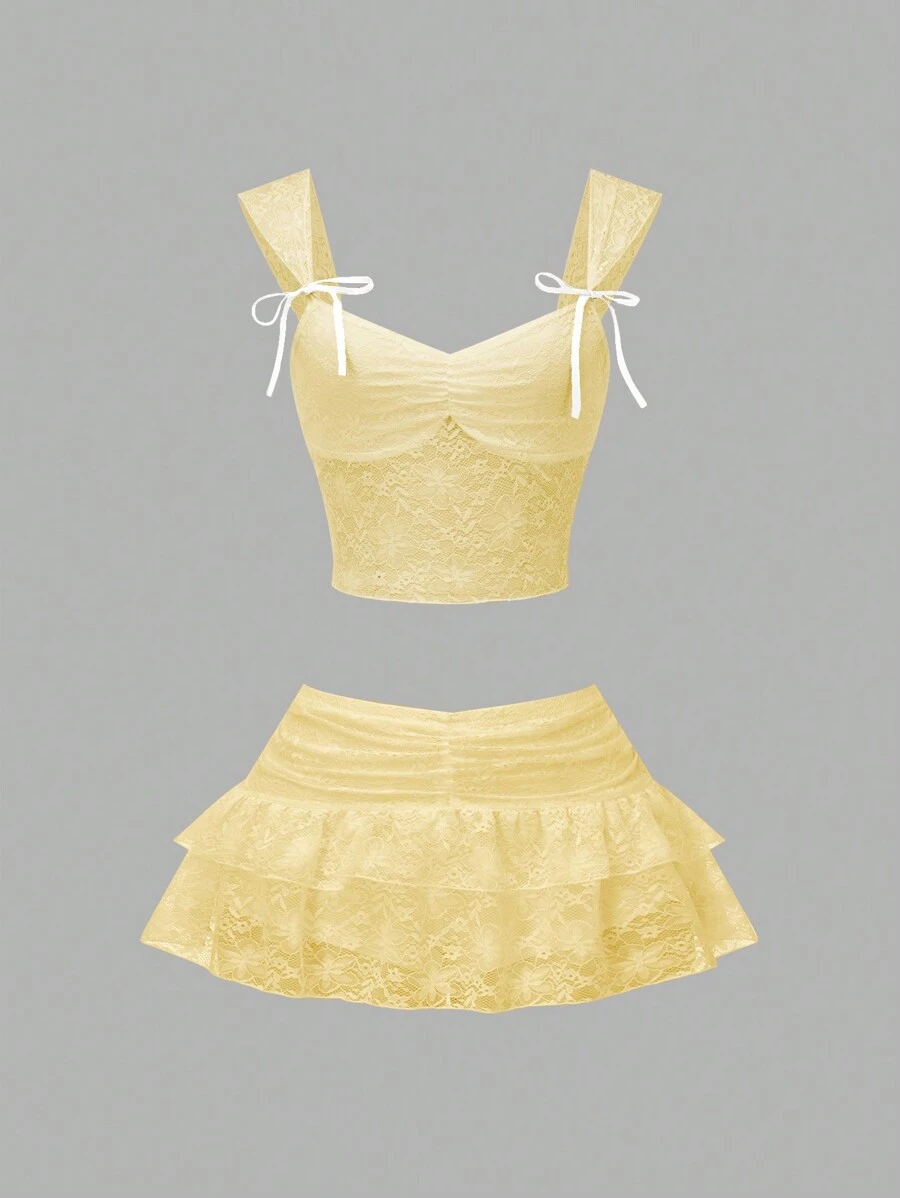Sweetra 女式蕾丝吊带背心，胸部带褶边和蝴蝶结装饰，低腰褶皱荷叶边蕾丝边褶皱裙 + 上衣 2 件套 Y2K 服装青少年裙装夏季 2 件套两件套青少年