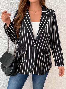 SHEIN LUNE Damen Große Größen schwarz-weiß gestreifter eleganter Lässig Blazer mit langen Ärmeln und enganliegender Passform