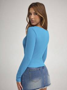 Forever 21 Blue Square Collar Basic Stretch Long Sleeve T-Shirt - Blue - View 2