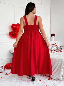 Flirla 纯色优雅合身吊带背心连衣裙，情人节印花，玫瑰、心形、波尔卡圆点、爱心、嘴唇、丘比特、108D 花卉 - 紅色 - 查看 2