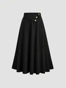 Sweetra 复古灯芯绒高腰裙，独特设计女式大摆太阳裙 - 黑色 - 查看 1