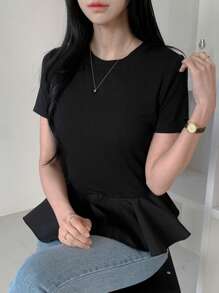 DAZY Women's Solid Color Ruffle Hem Short Sleeve T-Shirt