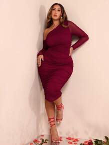 SHEIN BAE 加大码不对称领口长袖褶皱网眼紧身连衣裙，适合复活节、狂欢节、Y2K