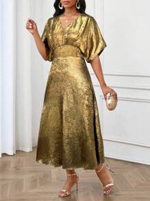 SHEIN Lady Festtagskleid für Geburtstagsfeiern, Hochzeitsgäste/Partys/Festlichkeiten, goldfarbenes einfarbiges A-Linien Kleid mit Fledermausärmeln, Ballkleid, metallisches Kleid, elegante Damenkleider