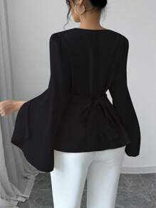 Elenzga Blusa negra de otoño con elegante poncho de cuello drapeado de unicolor