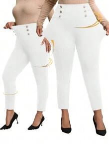 Miaspire Plus Size Double Breasted Elastic Skinny Pants,Fuzzy Leggings - White - View 1