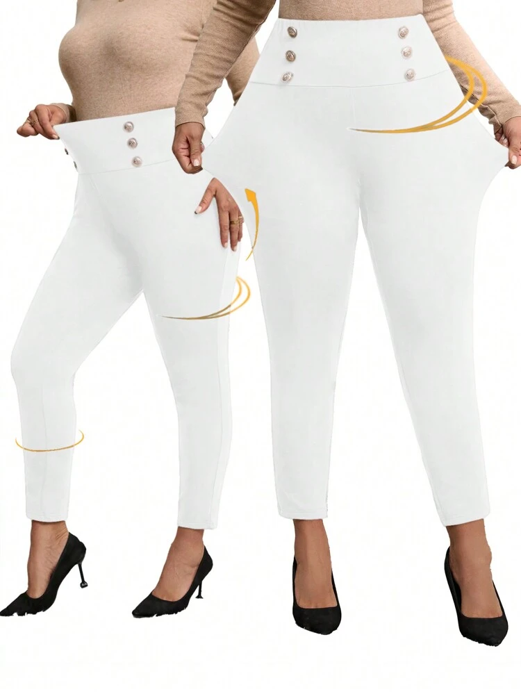 Plus Size Double Breasted Elastic Skinny Pants,Fuzzy Leggings