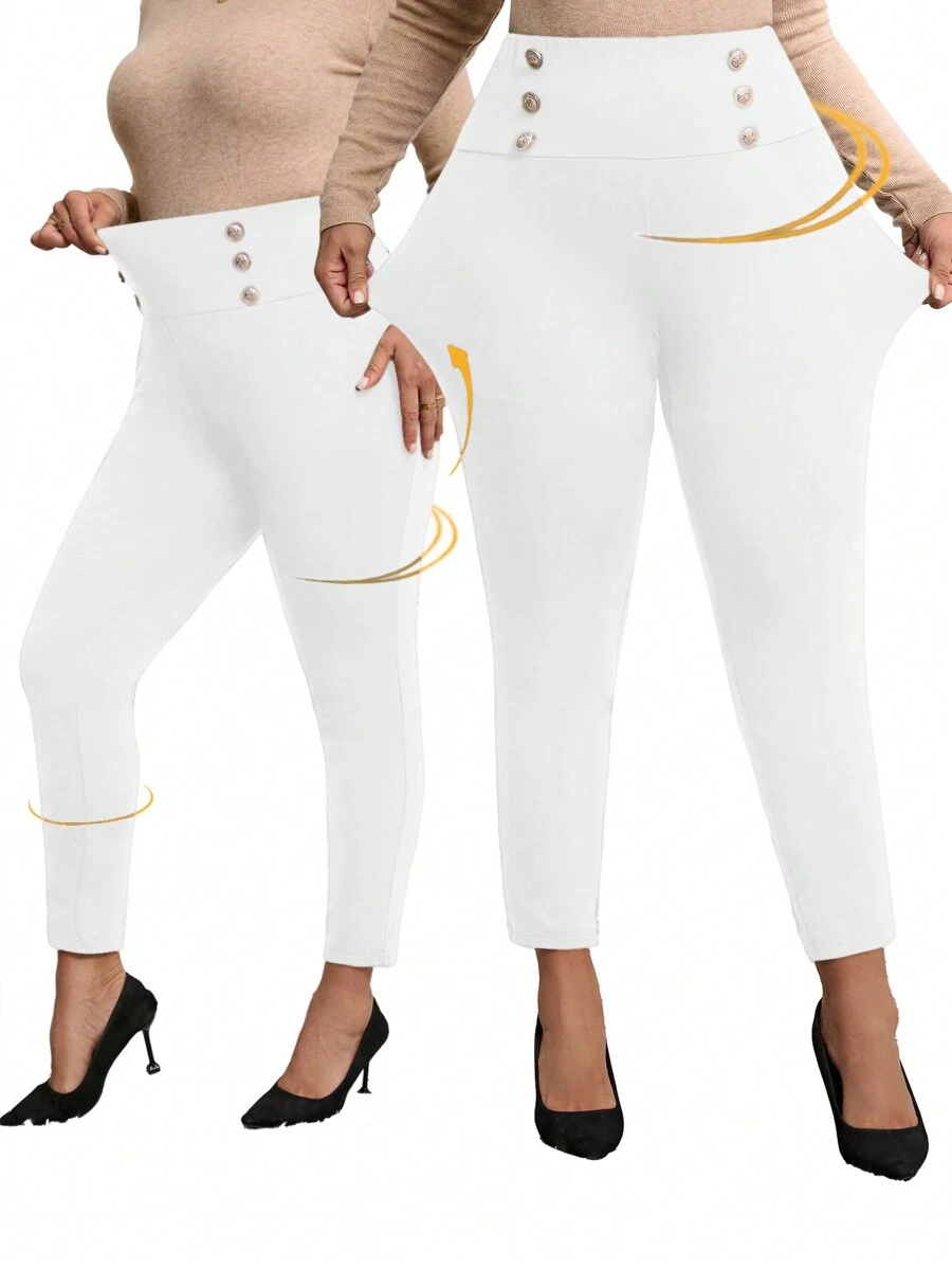 Miaspire Plus Size Double Breasted Elastic Skinny Pants,Fuzzy Leggings - White - View 1