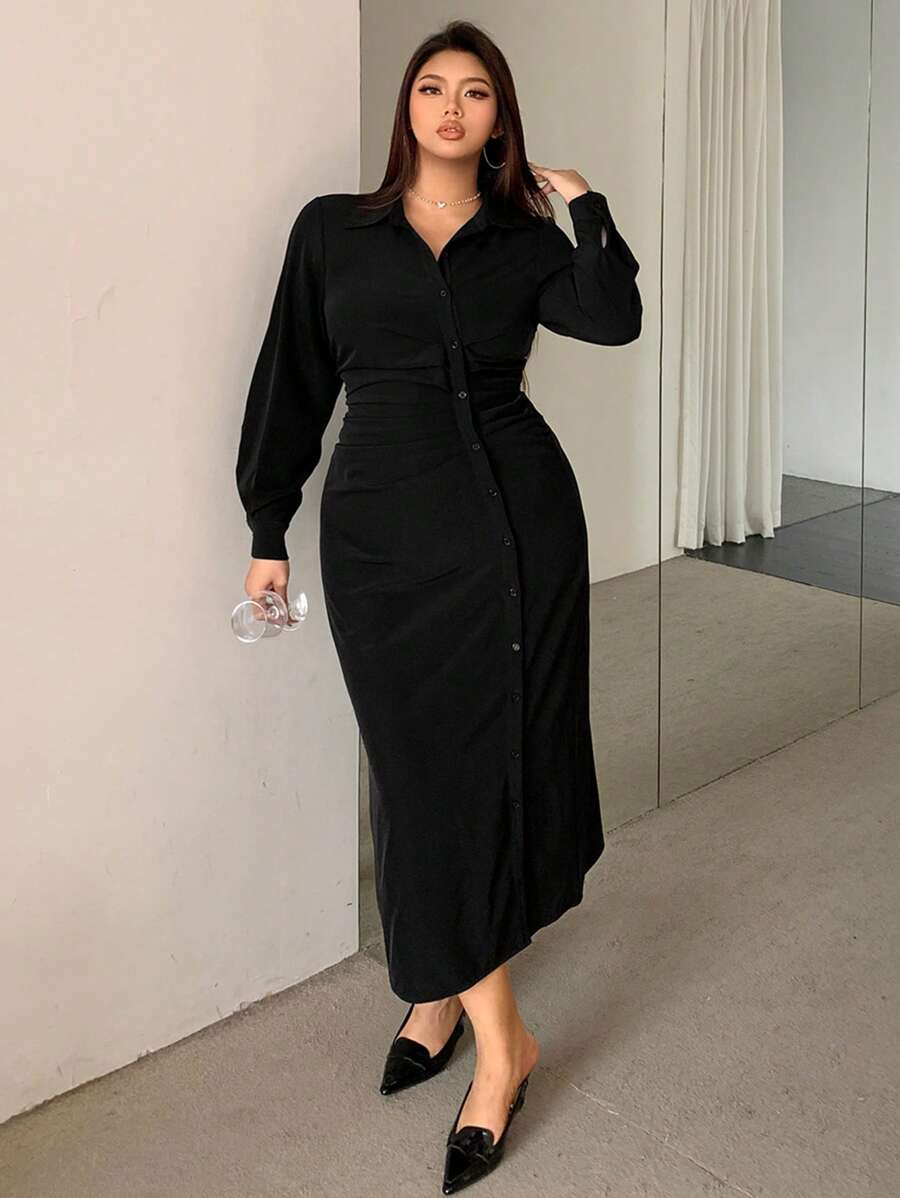 Dazy Petite Plus Plus Size Solid Color V-Neck Short Sleeve Side Slit Midi Dress, Black, Spring & Fall Shirt Dress Long Sleeve Dress - Black - View 1
