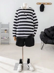 SHEIN Leap Crew Teen Boy Casual Shorts With Waist Drawstring And Printed Pattern, 2pcs/Set, Summer - Black and White - View 4