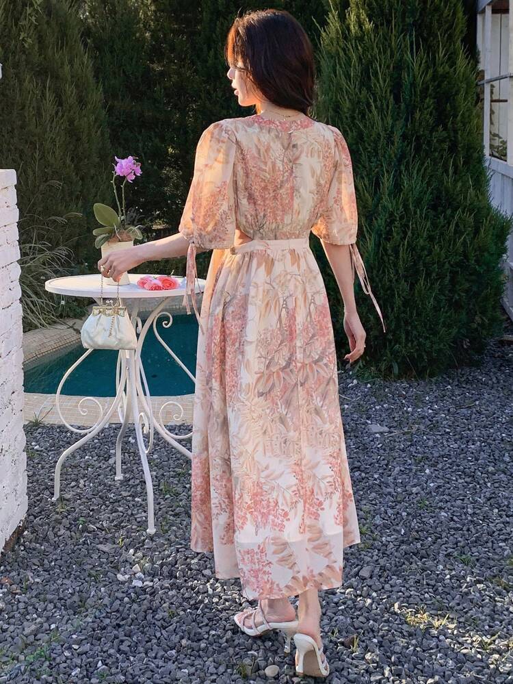 Floral Print Crew Neck Puff Sleeve Hollow Out Mid-Calf Dress For Women Sun Dress Boho
