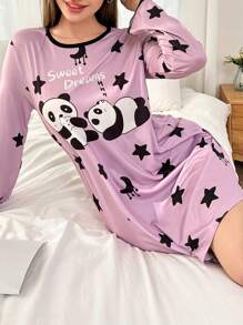 Snug Zone Camisón de mujer con estampado de panda y estrella, encaje y parche, cuello redondo, otoño e invierno - Morado - Ver 6