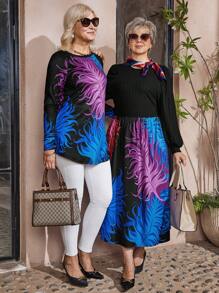 EMERY ROSE Vestido casual de manga larga con cuello redondo y estampado de plantas para mujer de talla grande, primavera