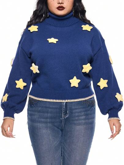 Hippie Suéter de cuello alto vintage de talla grande para mujer, inspirado en la bruja misteriosa, con decoración de estrella 3D