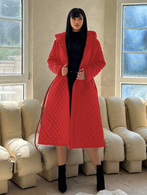 Calvaya Plus Size Solid Argyle Pattern Hooded Winter Clothes Jacket