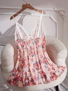 1pc Plus Size Sexy Mesh Printed Lingerie Slip Floral Print Dress