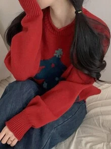 DAZY كنزة صوفية نسائية بتصميم شجرة الميلاد الحمراء، ملابس نسائية للأعياد والخريف، كنزة صوفية بياقة عالية للنساء في موسم الميلاد - الأحمر - مشاهدة 7