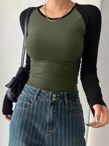 INAWLY 3pcs/Set Women Fashionable Color Block Long Sleeve T-Shirt Set