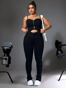 SHEIN CURVE+ Plus Size Stretchy Denim Fashion Pants - Black - View 3