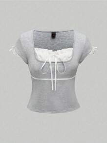 ROMWE Kawaii 女式方领撞色蕾丝 Himekaji 芭蕾风格撞色短袖 T 恤