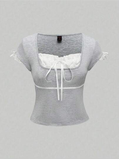 Kawaii Square Neck Contrast Lace Himekaji Ballet Style Color Blocking Short Sleeve T-Shirt For Women