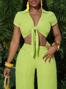 Slaydiva Spring & Summer New Arrival Romantic, Carnival, Chinese New Year, Easter, Nashville Party, Daily Casual, Cruise Travel, Vacation, Elegant, Beach, Sunbathing Polo Collar Short Sleeve Tie Front Crop Top And Straight Leg Pants Women 2 Pieces Set, Green Valentine's Day - Green - View 7