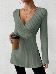 EMERY ROSE Women Casual Solid Color Side Slit T-Shirt, Autumn Fall Cloth For Women - Mint Green - View 5