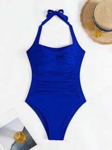 SHEIN Swim Summer Beach Women's One-Piece Swimwear With Ruffle Detailing And Halter Neck Tie - Royal Blue - View 4