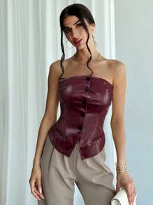 Firerie Women's Red Single-Breasted Fashion Bustier PU Top,Commuter/Sexy/Casual/Versatile/Fashion/Daily Wear