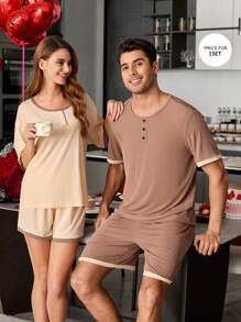 Contrast Trim Decor Button Casual Crew Neck Short Sleeve Shorts Set Pajamas For Men - Brown - View 1