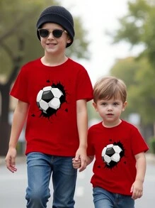 SHEIN Tween Boy Casual Creative Football Graphic Ripped Design Short Sleeve T-Shirt, Sibling Outfits Matching Outfits (2 Pieces Sold Separately) Summer Holiday - Burgundy - View 3