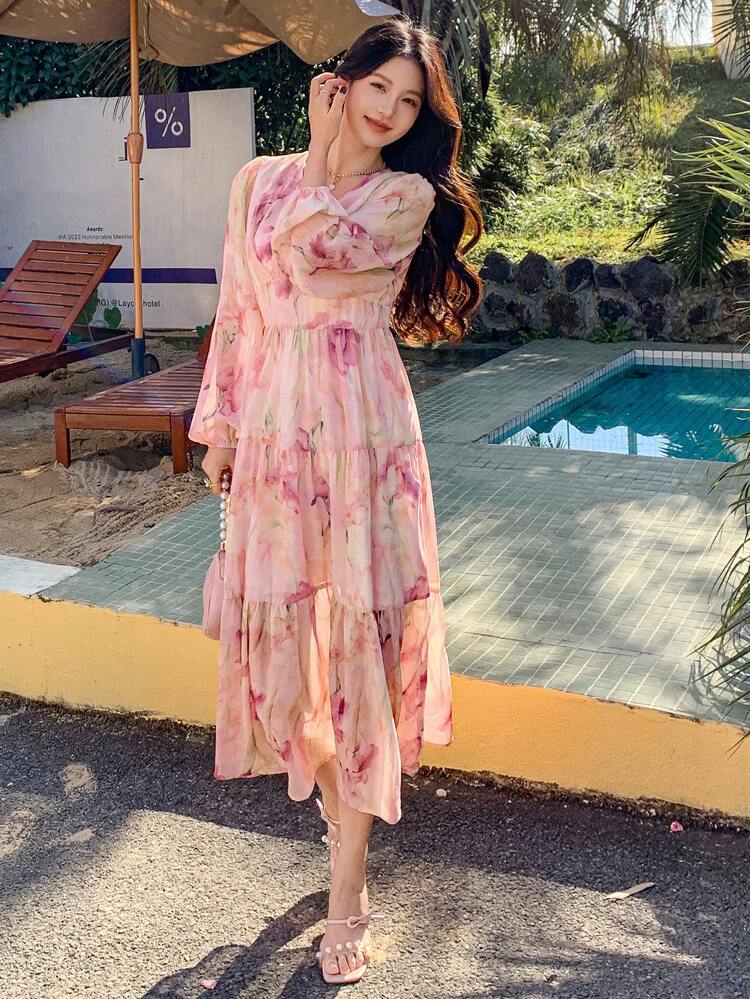 Women's Mid-Length Floral Dress, Suitable For Spring/Fall,Valentine's Day Long Sleeve Dress Vacation Outfits Women Easter Boho