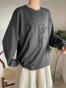 FRIFUL 女士秋季圆领落肩长袖宽松字母压花T恤