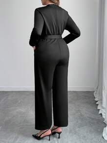 SHEIN Clasi Bộ đồ liền thân dài tay có thắt lưng cổ chữ V dệt kim cỡ lớn dành cho nữ, thanh lịch cho mùa thu/đông Lễ Tạ ơn, Giáng sinh, Halloween, Năm mới, Tết Nguyên đán - màu đen - Xem 2