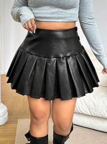 SHEIN EZwear 大码女装、迷你女裙、百褶裙、女士黑色裙子、隐私保护裙、短款 PU 皮革迷你裙 - 黑色 - 查看 5