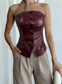 Firerie Women's Red Single-Breasted Fashion Bustier PU Top,Commuter/Sexy/Casual/Versatile/Fashion/Daily Wear