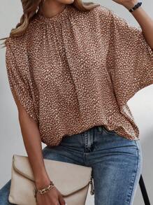 SHEIN Clasi Women Leopard Print Stand Collar Split Sleeve Loose Fashion Blouse - Multicolor - View 4