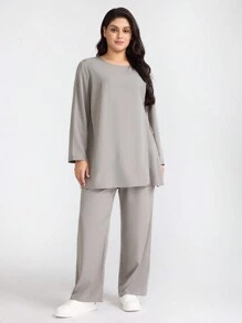 TaskEZ Conjunto de uniforme médico de talla grande de pantalón y blusa de manga larga con cuello redondo, bolsillos dobles y lazo lateral en unicolor. Conjunto de uniforme de trabajo para examen médico, peluquería de mascotas y nutricionista, de unicolor, de dos piezas, con múltiples bolsillos y ropa de trabajo resistente, en color gris.