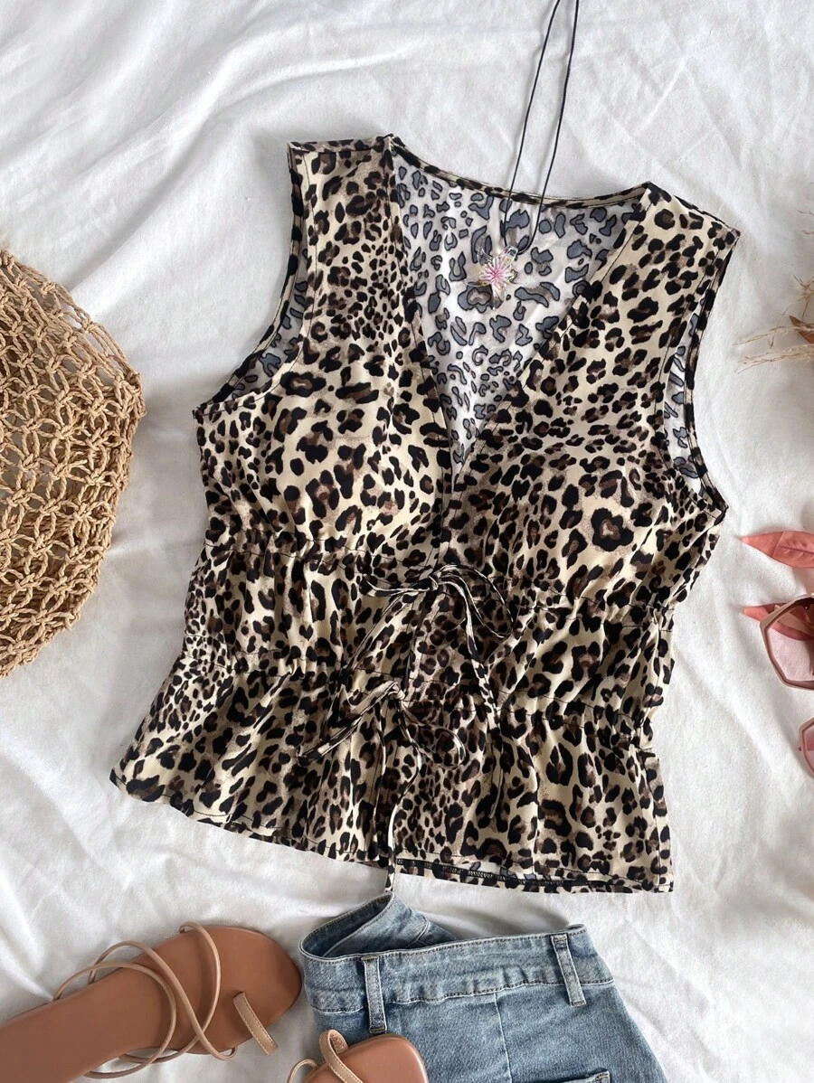 Soleia 女士度假豹纹系带蝴蝶结无袖上衣