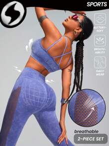 Innovista Women Washed Distressed Halter Neck Top & Hollow-Out Leggings Sports Set - Purple - View 11