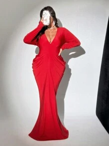 Viva Relle Plus Size Deep V-Neck Ruched Long Sleeve Dress,Valentine Fall Cloth For Women - Red - View 2
