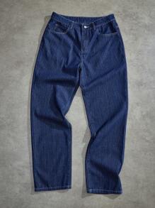 Forever 21 Men Striped Loose Fit Carpenter Jeans - Navy Blue - View 1